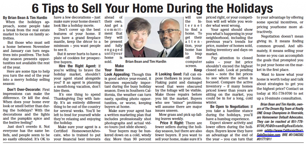 6 Tips to Sell Your Home During the Holidays | Home Sale Tips | How to Sell a Home in the Inland Empire | Brian Bean Tim Hardin Dream Big Realty ONE Group