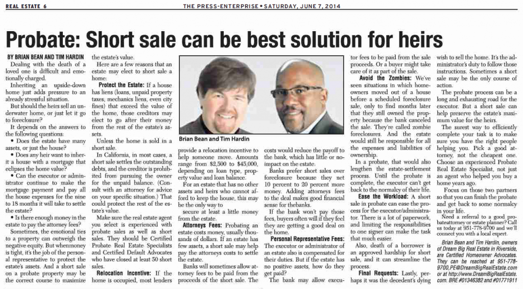 Probate Short Sale Press Enterprise June 2014