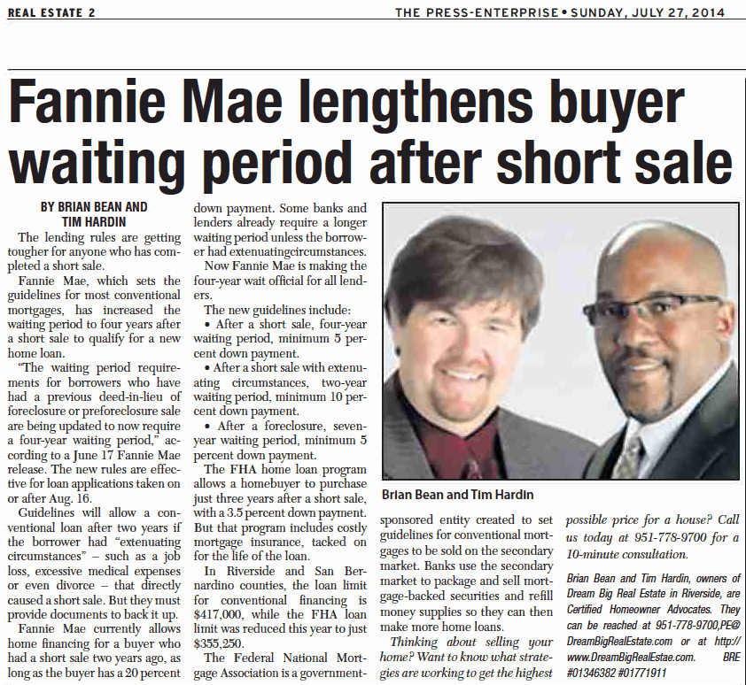 Waiting Period After Short Sale | Short Sale in Riverside Calif | Buy Home After Short Sale | Short Sale vs Foreclosure | Brian Bean Tim Hardin Dream Big