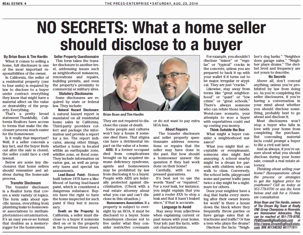 What a Seller Should Disclose During a Home Sale | Selling a Home in Riverside Calif | Home Sale Tips | Brian Bean and Tim Hardin Dream Big Realty ONE Group