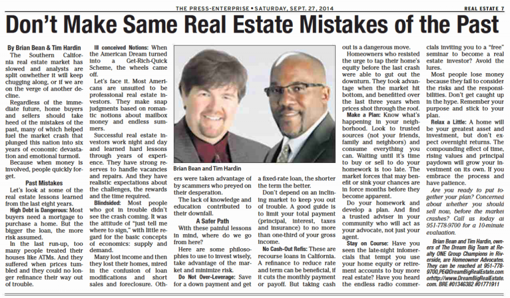 Don't Make the Same Real Estate Mistakes of the Past | Selling a Home in Riverside Calif | Refinancing Dangers | Brian Bean and Tim Hardin Dream Big Realty ONE Group