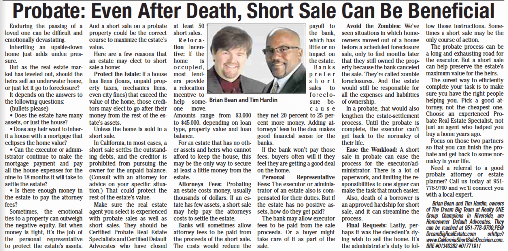 Probate: Even After Death Short Sale can be Beneficial | Probate Home Sales | Selling a Probate Home | Short Sale Probate | Probate Real Estate Agents